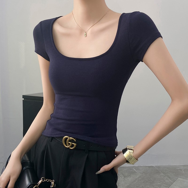 夏日正肩t恤短款超好看独特漂亮短袖超低u领上衣气质打底衫女修身