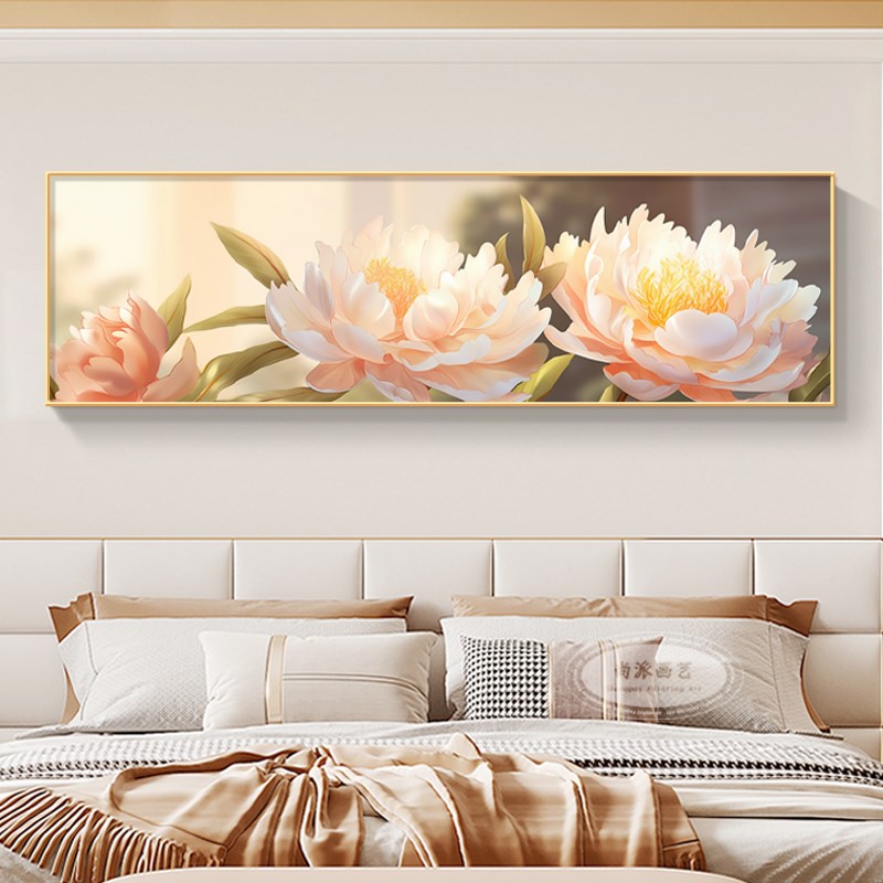 卧室高档牡丹花挂画主卧次卧床头背D景墙花开富贵装饰画横版晶瓷图片