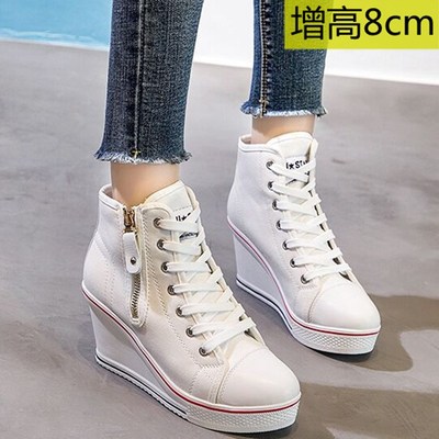 春秋季坡跟内增高8厘米帆布鞋女学生拉链系带高帮大码显腿瘦鞋子