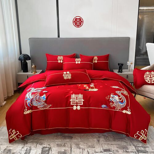 高档婚庆长绒棉刺绣纯棉四件套大红色床单被套结婚喜庆