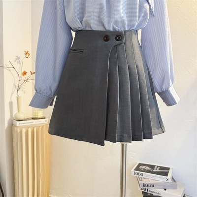 灰色西装百褶裙半身裙女2025春夏高腰a字短裙显瘦百搭防走光裙子