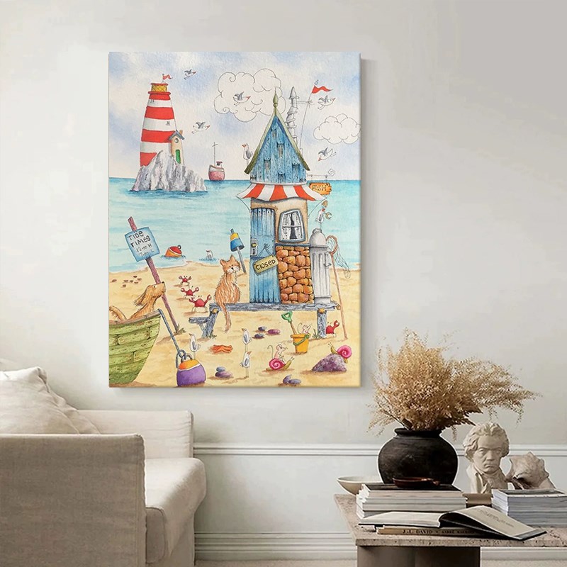 现代艺术a客厅海边风景装饰画卡通海滩建筑灯塔纯手绘油画小众挂图片
