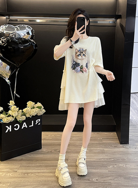 夏季甜美减龄印花网纱拼接连衣裙女小个子显高显瘦宽松休闲T恤裙