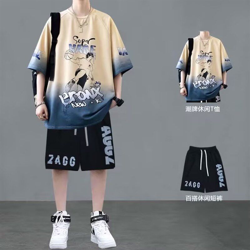 青少年夏季套装男生短袖T恤短裤新款运动潮流酷帅气大高初中学生图片