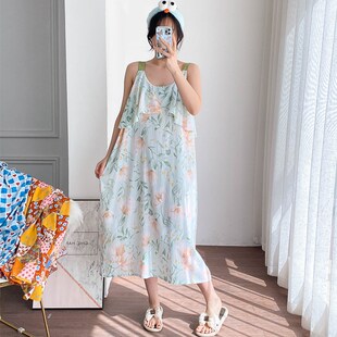 防凸点加长大码 宽松孕妇胖mm200斤睡衣连衣裙 吊带绵绸睡裙夏薄款