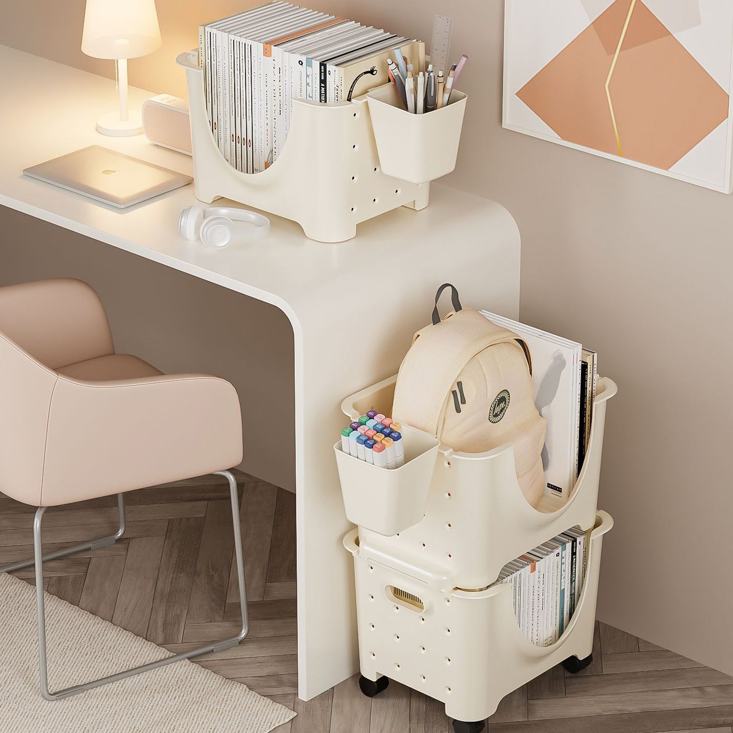 放书包置物架家用可移动桌下收纳滑轮儿童卧室客厅本的神器小推车