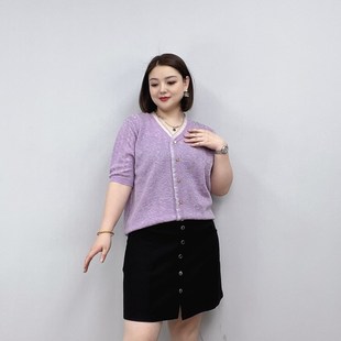 宽松显瘦v领蕾丝针织衫 冰丝短袖 2024新款 夏装 女胖mm上衣 t恤女大码