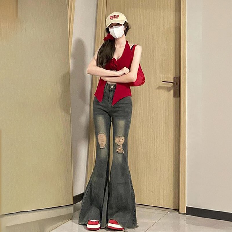 胖mm大码复古弹力破洞微喇牛仔裤女新款毛边设计裤子显瘦喇叭长裤