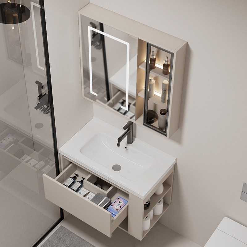 挂墙式实木浴柜组合带边柜智能浴柜陶瓷洗手盆窄边40cm洗漱台