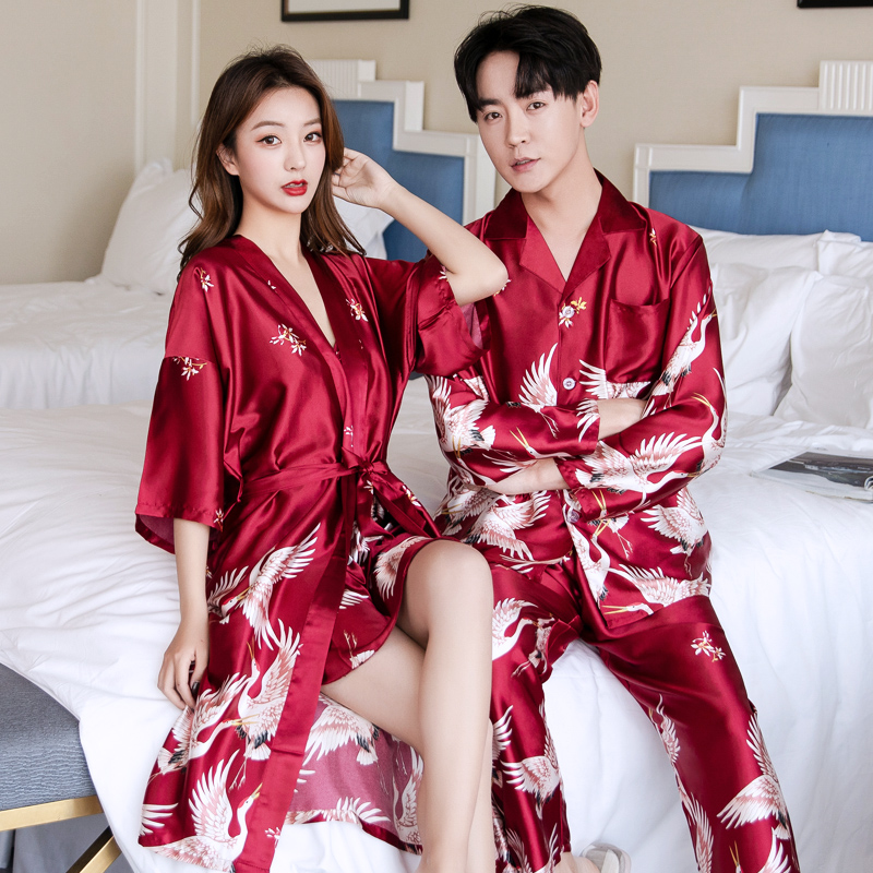 结婚情侣睡衣春秋款红色女新婚冰丝家居服吊带仙鹤高质感男夏新娘