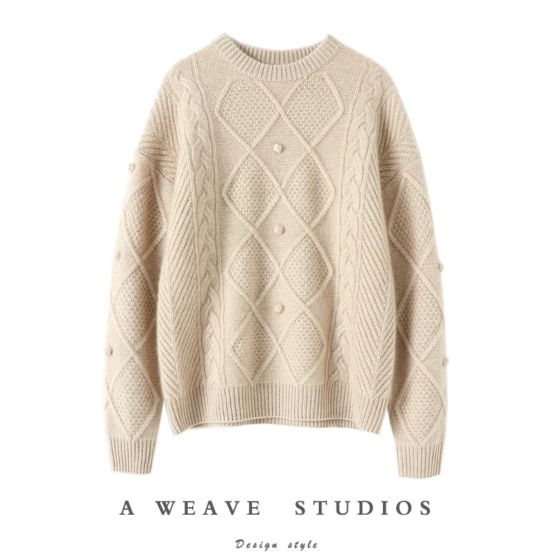 实穿时尚绞花~重磅纯喀什米尔羊毛衫女套头圆领加厚羊绒毛衣宽松,女装/女士精品,羊绒衫,淘宝优惠券,粉丝福利购,淘宝优惠卷