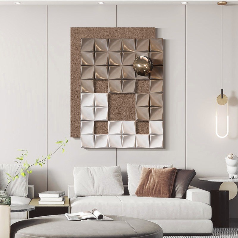 简约轻奢样板间客厅沙发背景纯手绘砂岩立体浮雕金属球实物装饰画