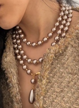 摇儿绕  请收下这份浪漫的珍珠项链香槟色复古法式时髦长款毛衣链