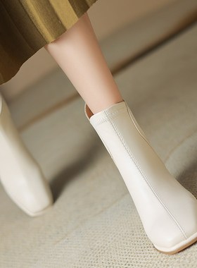 小码女鞋313233m法式小众粗跟方头弹力瘦瘦靴女大码白色短靴41—4