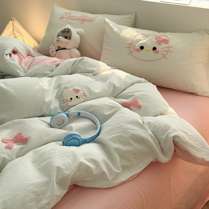 A类清新可c爱小猫毛巾绣床上四件套纯棉全棉2024新款被套床单床笠