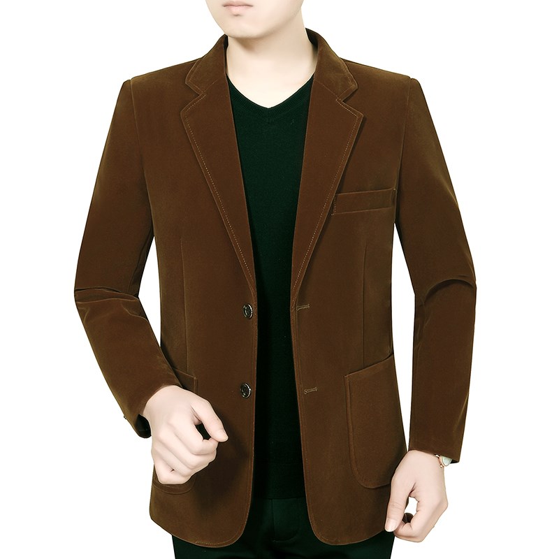春秋季西服男士中年爸爸装纯色平绒修身时尚西装中老年人休闲外套