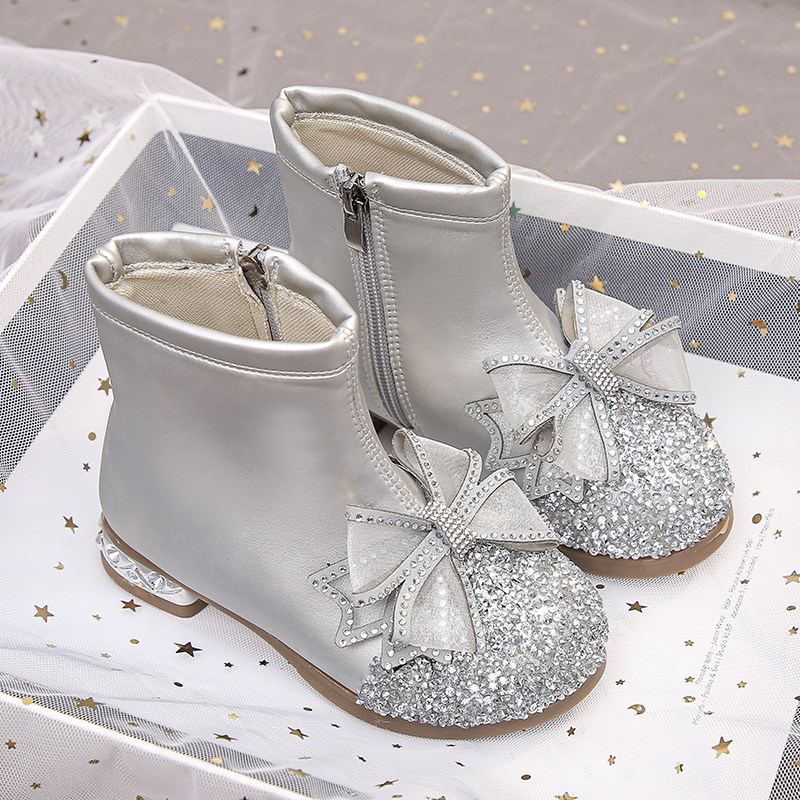 女童靴子冬季2023新款韩版儿童单鞋高跟公主鞋加绒小女孩水晶短靴