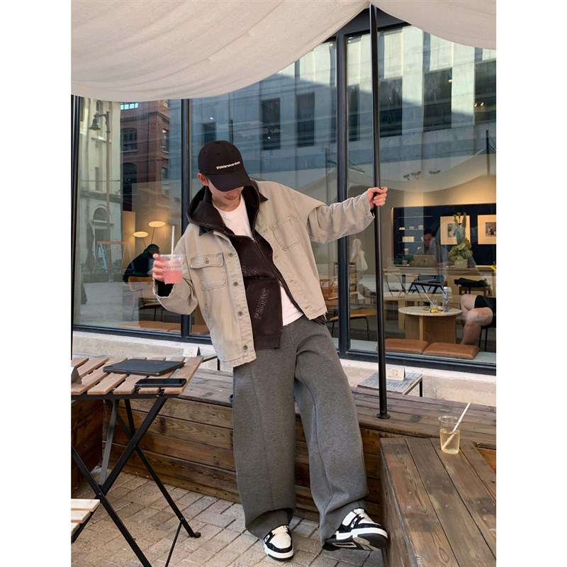 秋季复古撞色pu皮拼接领牛仔夹克男洗水浅灰磨破美式休闲宽松外套