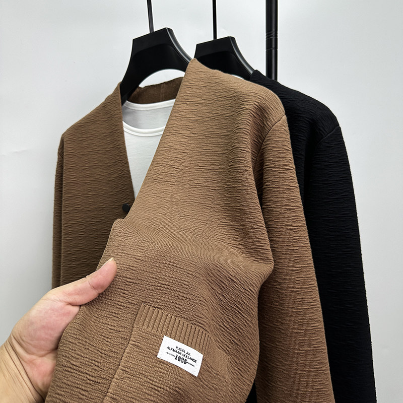 贴布口袋针织开衫男士毛衣外套秋季新款v领披肩韩版修身外搭线衣
