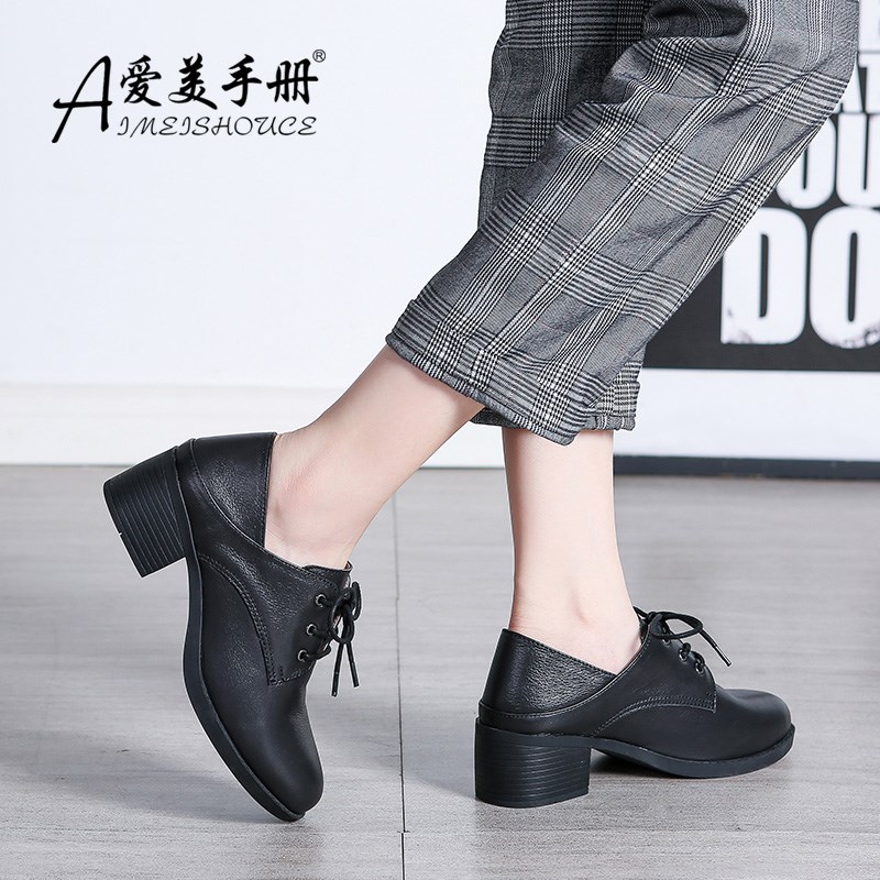 春秋冬黑色小皮鞋女英伦粗跟懒人鞋真皮系K带深口鞋女中跟大码女