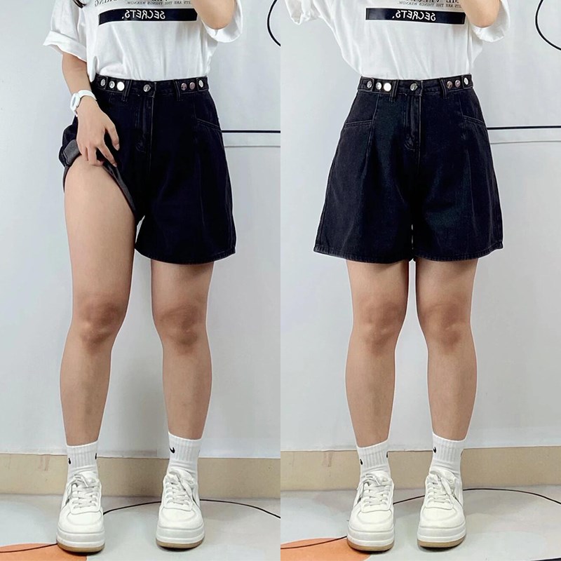 300斤大码女装复古黑灰色牛仔短裤女胖mm学生裤子高腰显瘦a字热裤