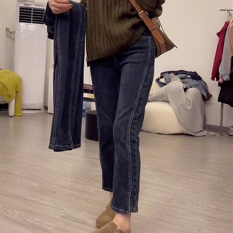 大码高腰直筒开叉牛仔裤女2023夏季薄款显瘦胖妹妹梨型身材烟管裤
