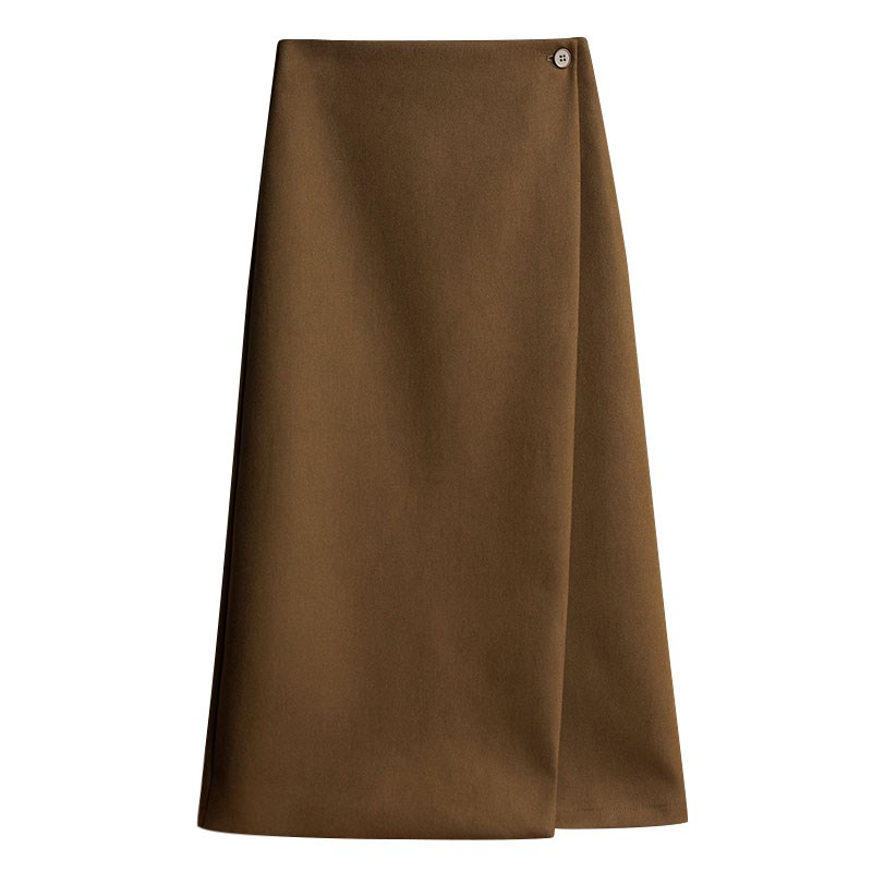 高腰a字半身裙女秋冬配毛衣显瘦一粒扣冬裙灰色毛呢裙子开叉长裙