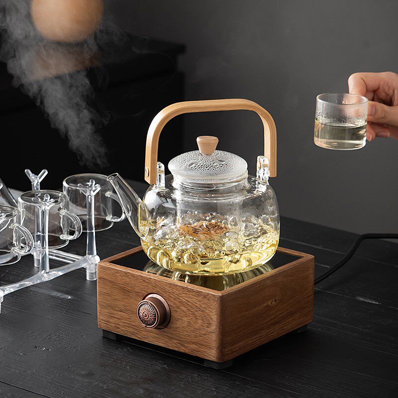 胡桃木电陶炉煮茶炉玻璃煮茶壶烧水壶围炉小型电热实木新款茶炉