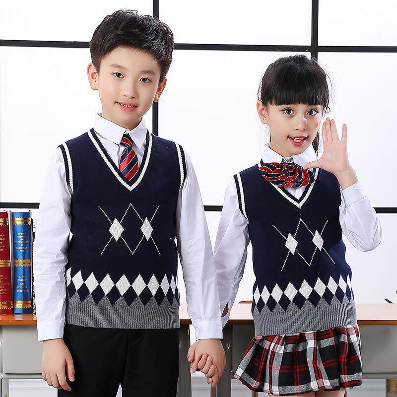儿童针织马甲男童学院风校服背心女童春秋小学生毛线马夹中大童装
