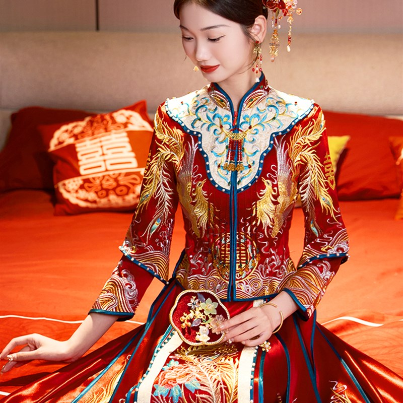 红蓝撞色秀禾服新娘2024新款中式婚服龙凤褂嫁衣秀和服夏季小个子