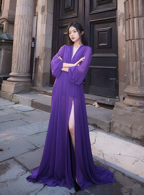 紫色V领灯笼袖大摆型连衣裙女夏2023新款法式复古雪纺长裙子