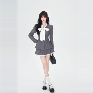 越韩小鱼 归国千金 学院千金风蕾丝拼接蝴蝶结收腰西装短裙套装秋