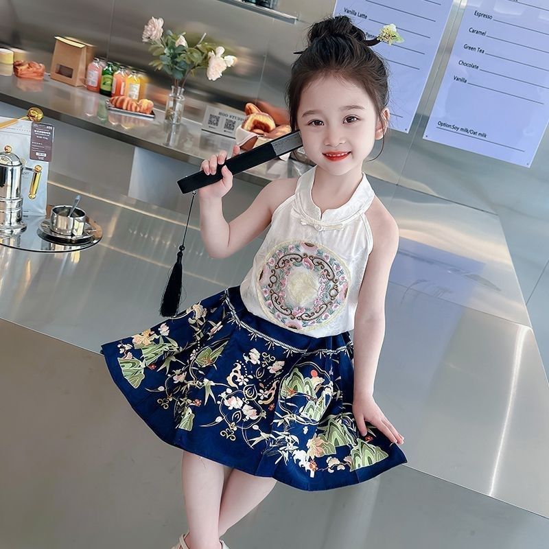 女童马面裙套装夏季中国风薄汉服表演服民族无袖上衣百褶裙两件套