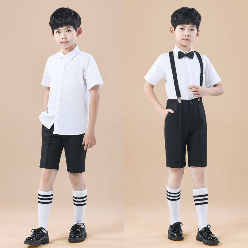 儿童西装短裤男童灰色西裤夏季薄款大童中裤背带裤小学生校服裤子