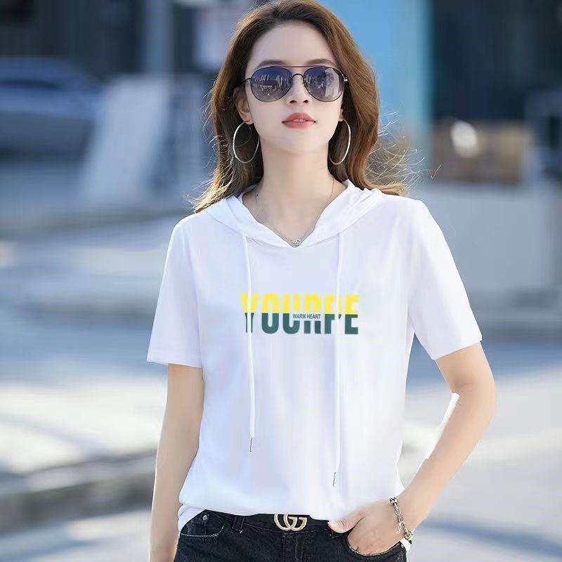 山东青岛即墨卫衣女短袖全棉t恤戴帽子夏季薄款小衫胖子mm大码白