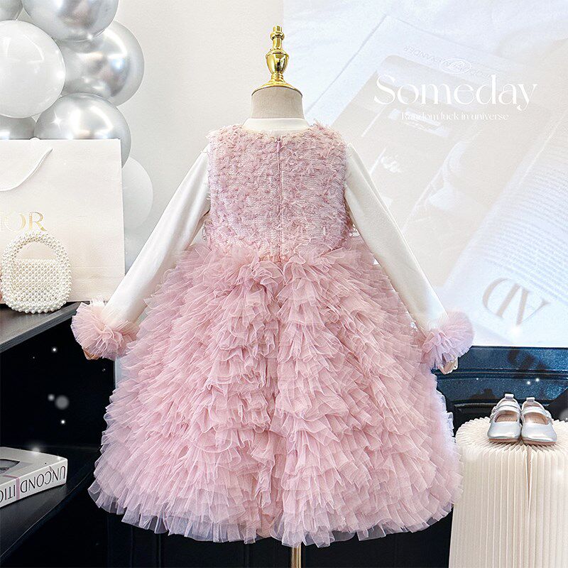 女童连衣裙秋冬款小女孩高端礼服粉色背心裙儿童蓬蓬裙生日蛋糕裙