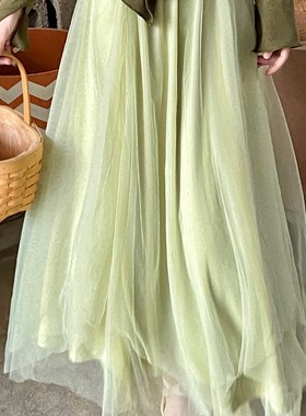 一罐杏仁桃春夏温柔风青绿色网纱半身裙大摆裙中长款纱裙a字长裙