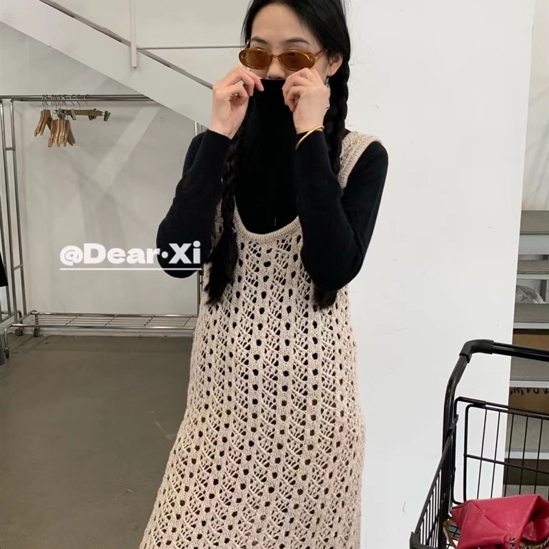 日了个韩宽松复古设计款钩花镂空叠穿中长款针织背心连衣裙罩衫