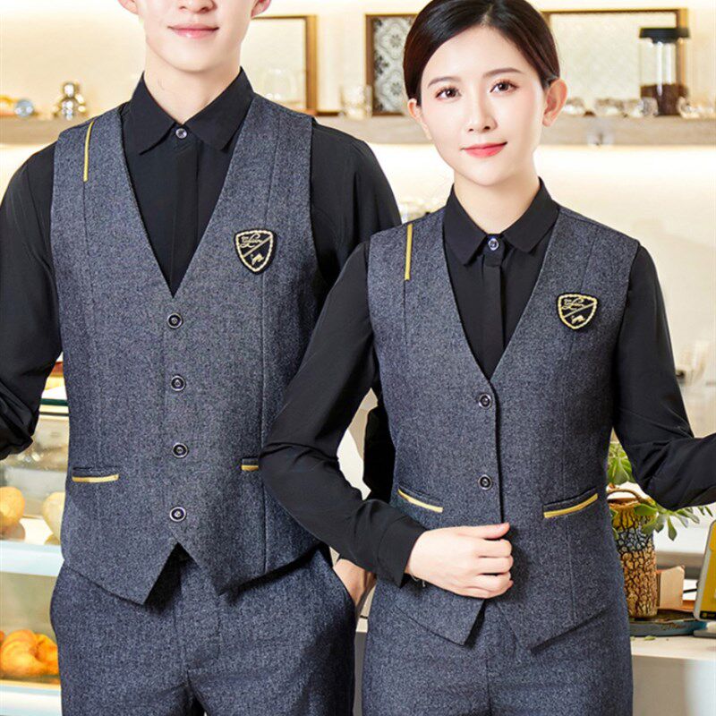 KTV服务员工作服定制绣logo酒店餐饮西餐厅男女马甲衬衫三件套装