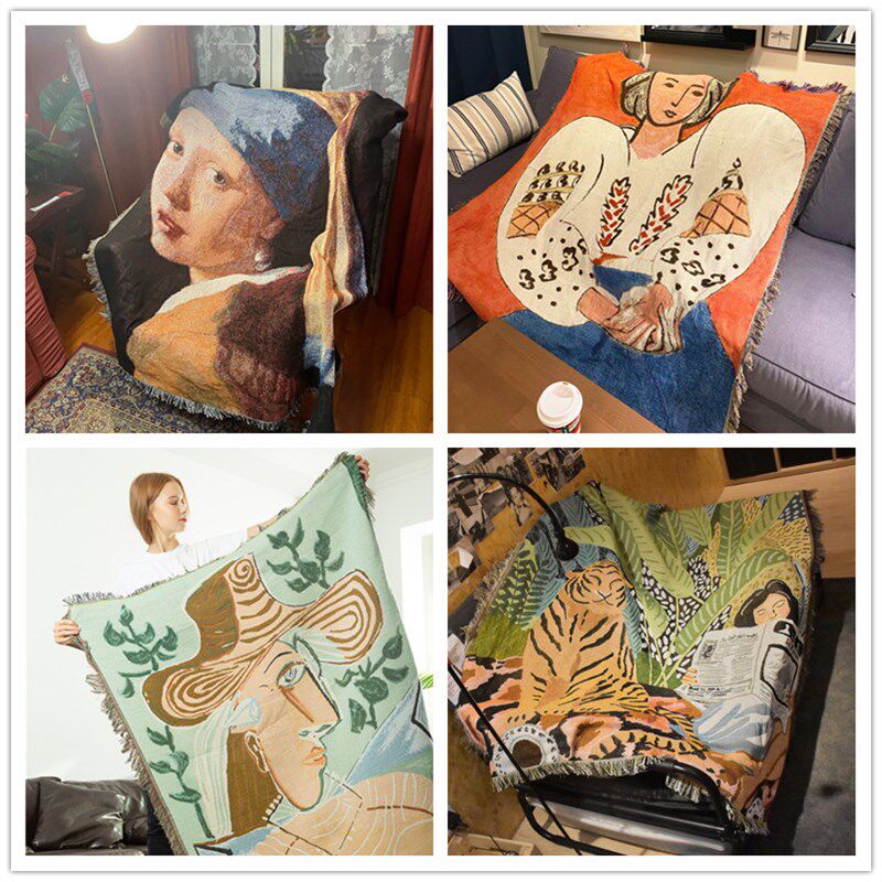 个性化沙发毯毛毯油画戴珍珠耳环的少女挂毯装饰地毯多款式复古毯