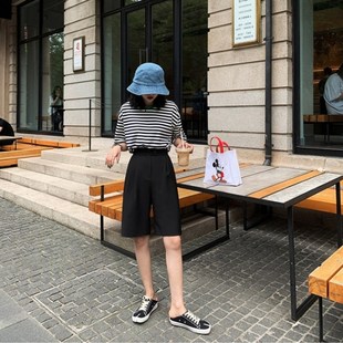 裤 百搭阔腿短裤 女夏季 高腰垂感显瘦休闲直筒中裤 子 薄款 五分西装