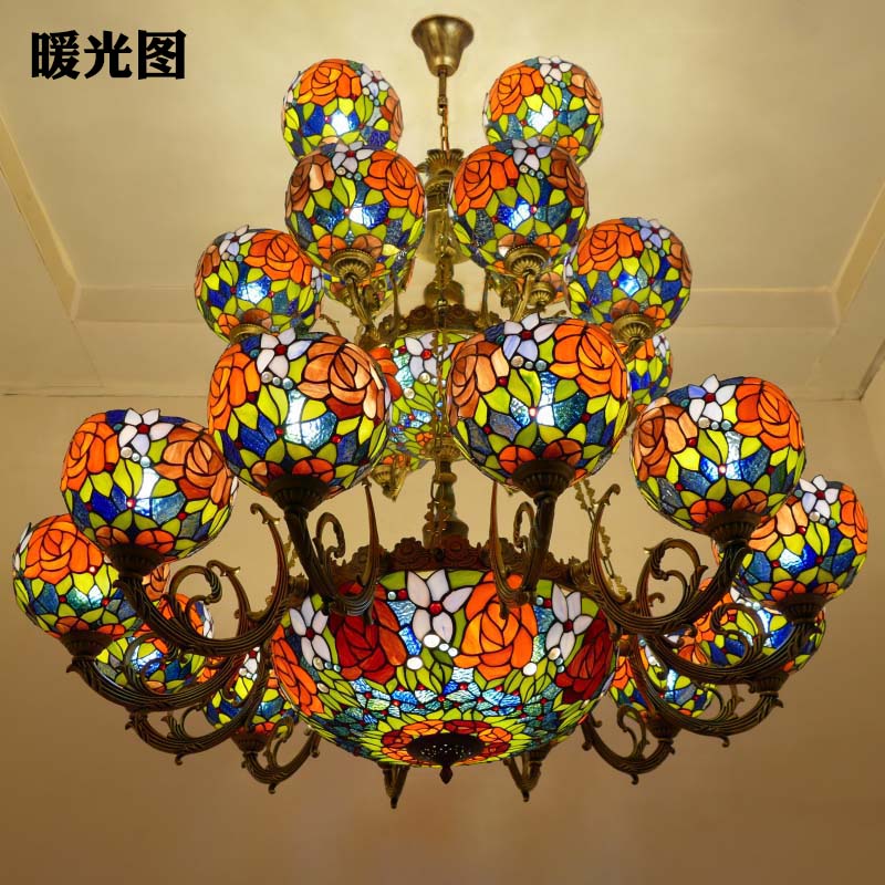 新款玫瑰复古彩色玻璃节能吊灯欧式客厅卧室餐厅房间铁艺合金灯具