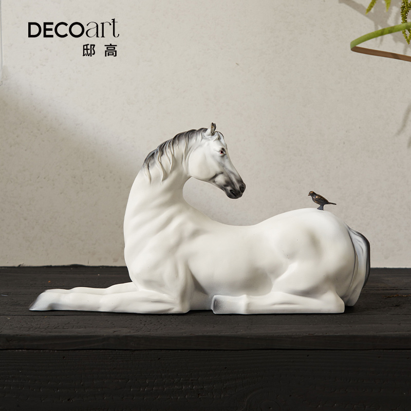 邸高家居 样板间新中式玄关《物语》马摆件 实景花器花艺装饰搭配