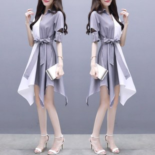 拼接短裙子森系收腰显瘦雪纺连衣裙女神范夏装 2024年新款 气质衬衫