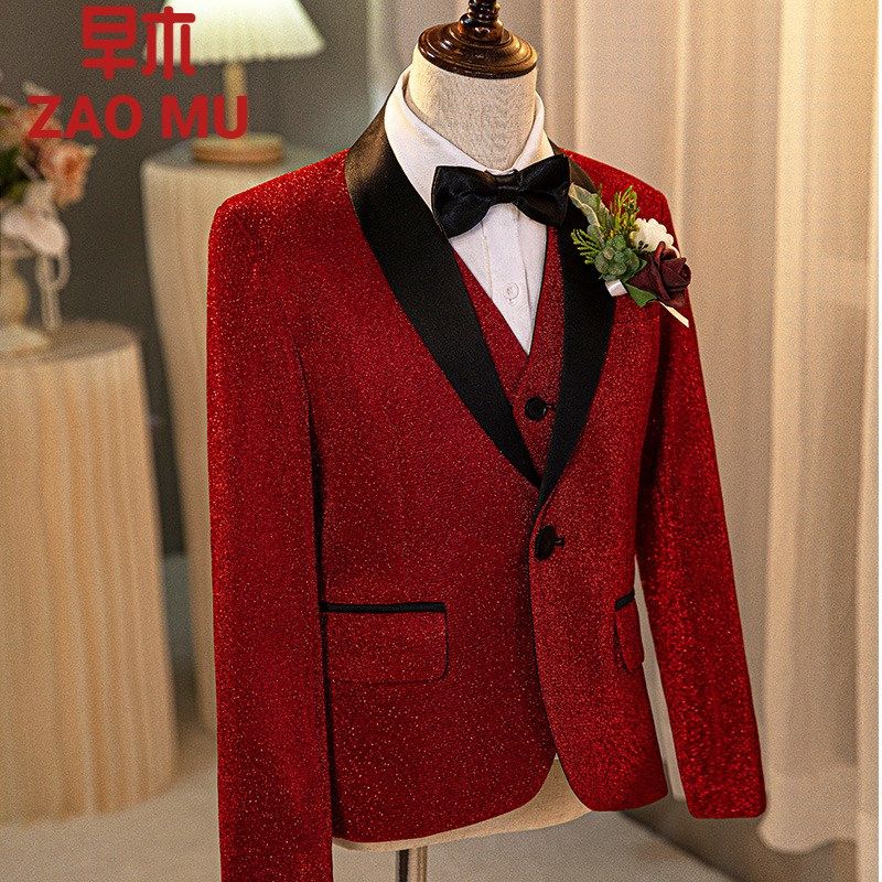 儿童西装套装男童红色亮片新年花童主持人礼服钢琴演出服晚会演出