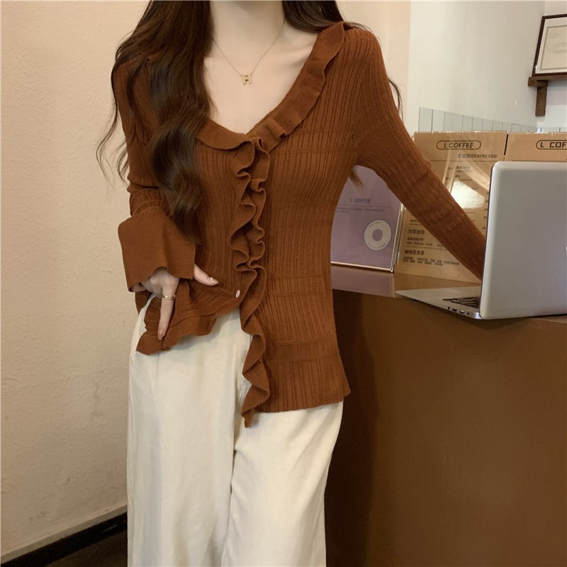 荷叶边喇叭袖毛衣女打底衫秋冬法式修身收腰v领长袖针织开衫上衣