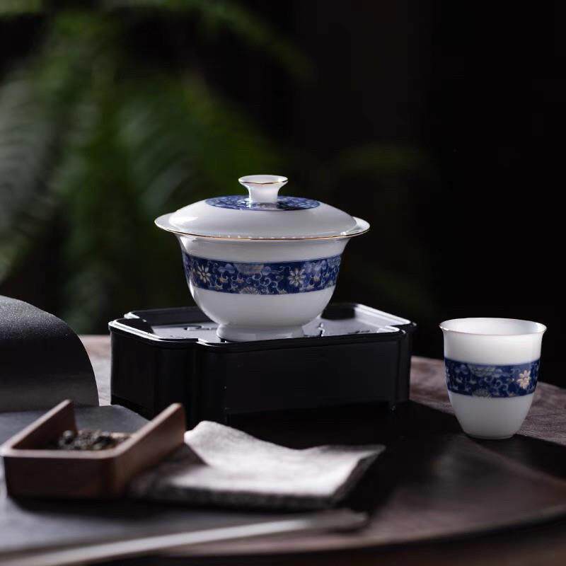 360度出水防烫盖碗茶杯单个德化白瓷三才盖碗家用泡茶碗过滤青花