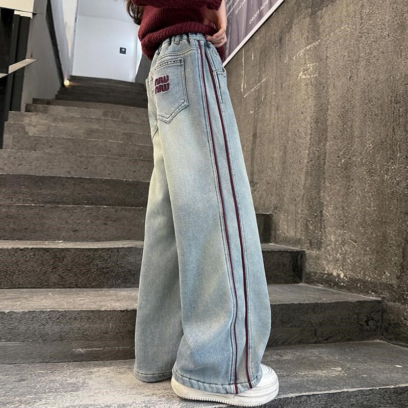 女童加绒牛仔裤2024秋冬装新款儿童冬季加厚一体绒休闲女孩阔腿裤