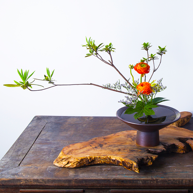 禅意花器花道日式剑山插花器小原流池坊高脚斗笠黑色器皿中式水盘