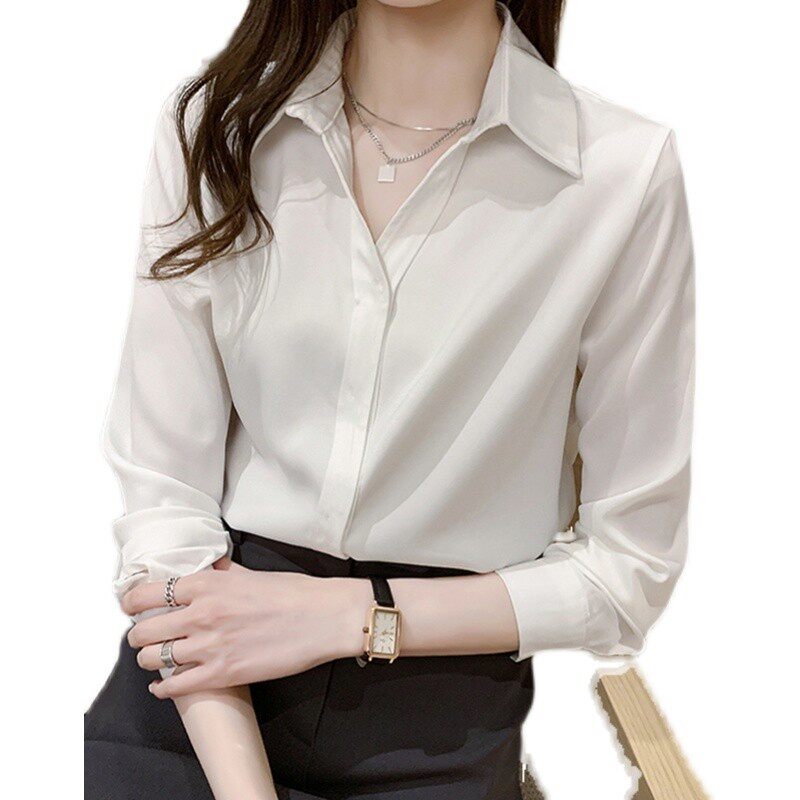 大码2021秋装新款V领白色衬衫女长袖职业装OL基础胖mm200斤衬衣